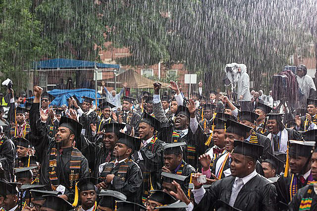 morehouse graduates celebrating in front of production crew