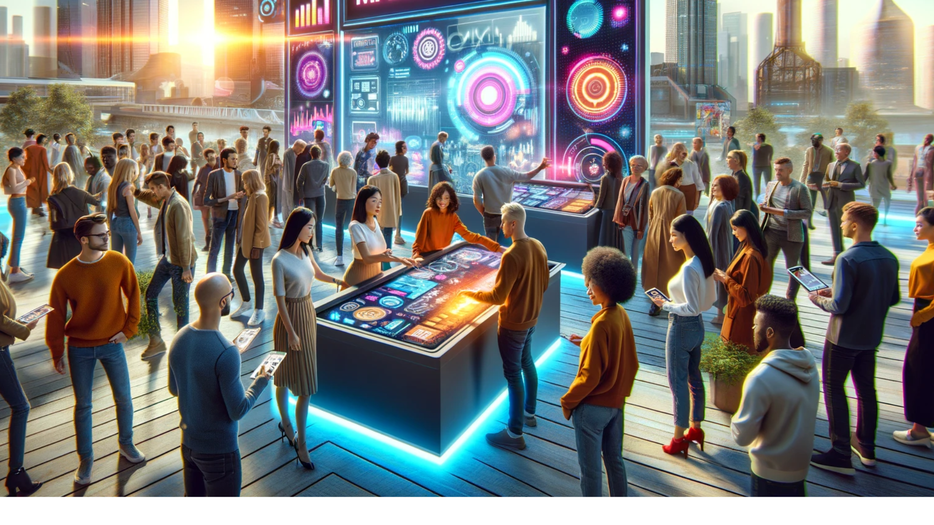 A setting where people are gathering, looking at a marketing activation and using temporary internet/wifi on screens and tablet like devices.